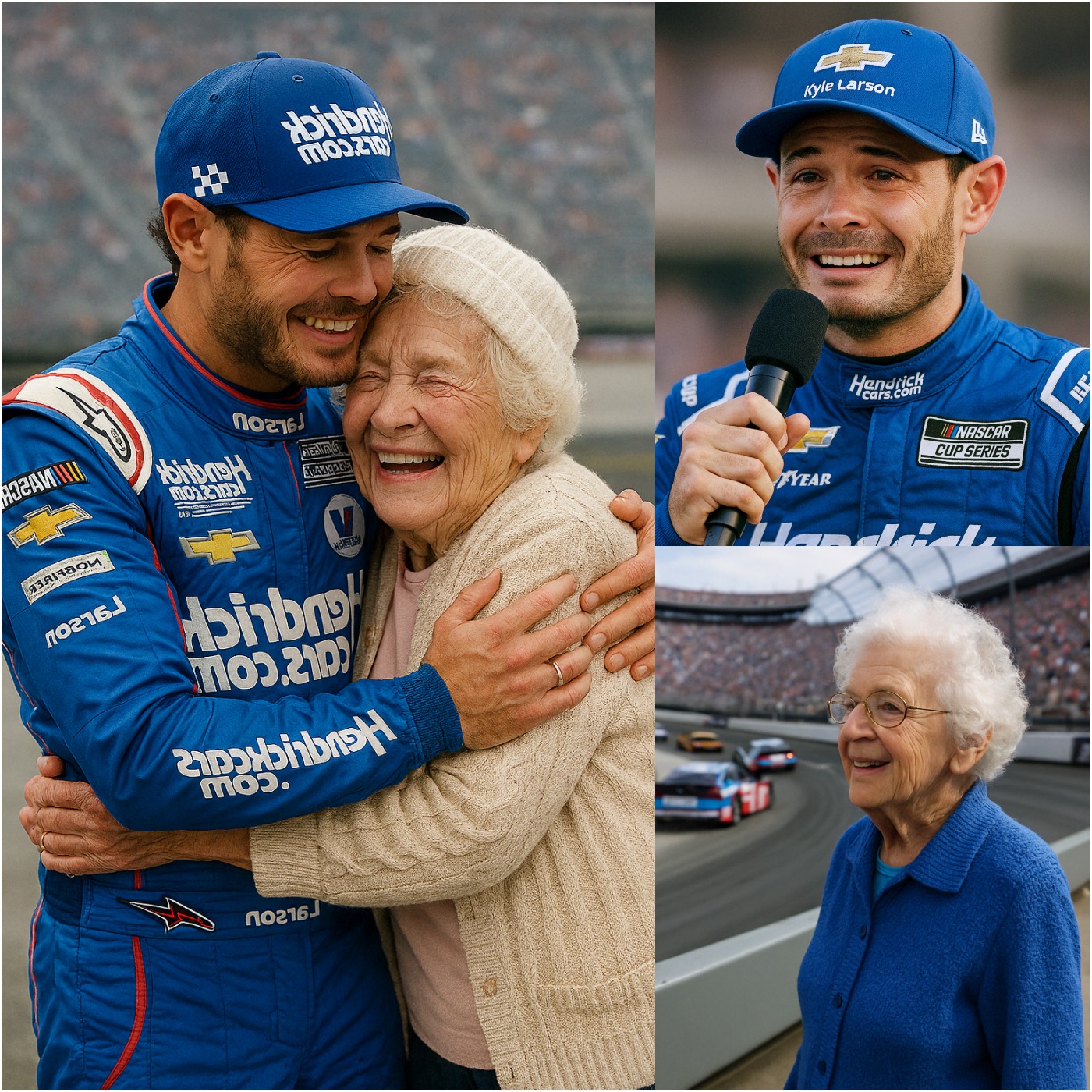 Cover Image for After his victory at the Food City 500, Kyle Larson had the whole world holding its breath when he performed a heartfelt gesture for an 80-year-old woman who works in his house and had come to cheer him on during the race. His emotional act will leave you unable to take your eyes off it!