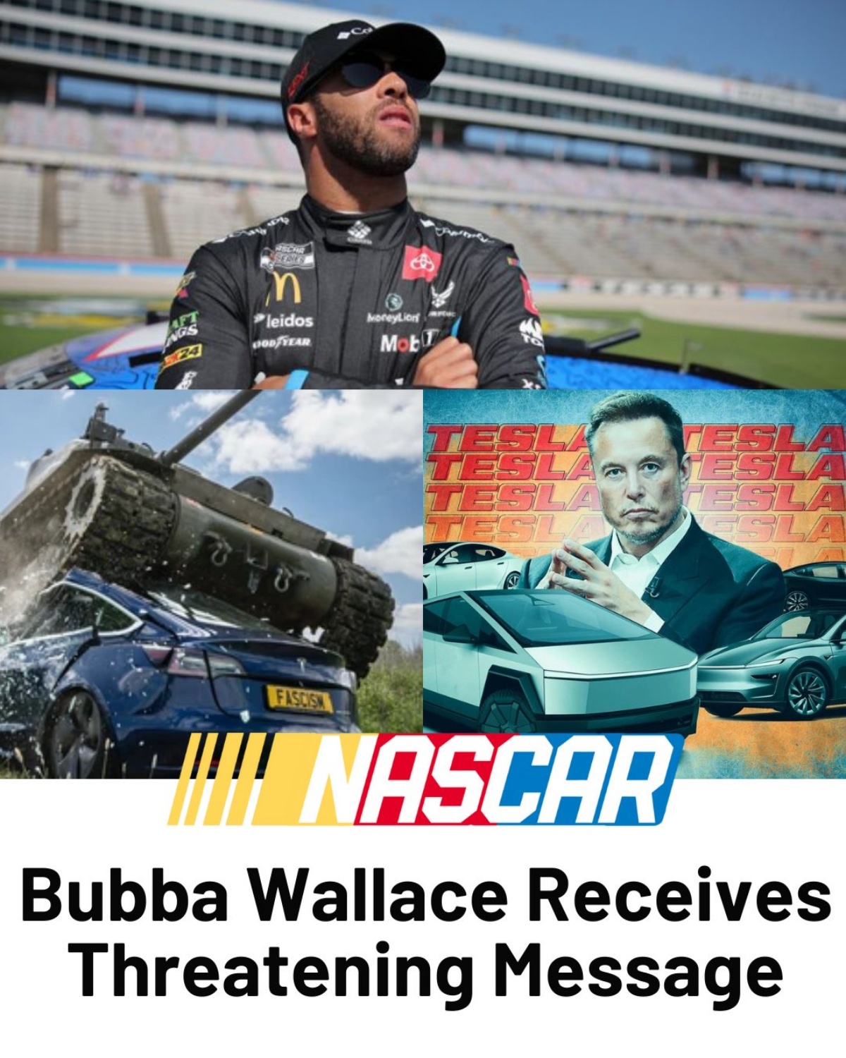 Cover Image for Bubba Wallace receives threatening messages after sharing video of 98-year-old veteran driving tank over Tesla in protest against Elon Musk.