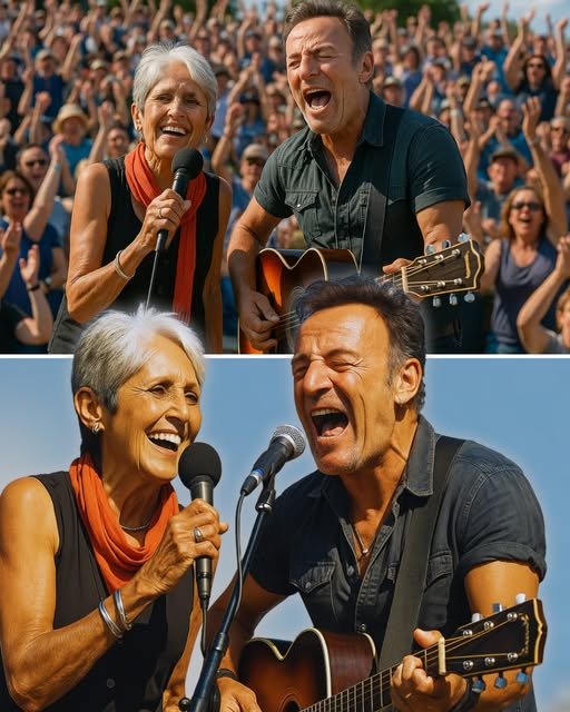 Cover Image for As Bruce Springsteen took the stage with his usual fire and fury, a surprise moment unfolded when folk legend Joan Baez stood up from the front row, raised her fist, and shouted, “We still believe in truth!” The crowd erupted — not just for Bruce’s anthem, but for Baez’s raw courage. Later, in an emotional backstage exchange caught on video, Baez embraced Springsteen and said, “I had to be here. America’s turning into a shithole country — but your voice still gives us hope.” Fans wept, cheered, and shared the moment online like wildfire. In one electrifying night, music and protest collided — and the Boss had a rebel queen by his side.
