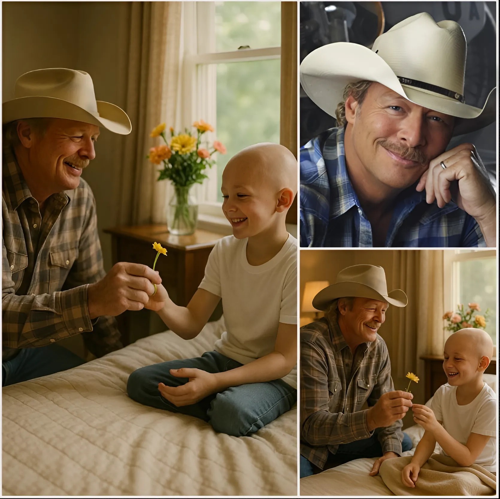 Cover Image for A Boy Battling a Brain Tumor Wished for Just One Call – Alan Jackson Flew Straight to His Hospital Bed Instead…  A brave 7-year-old boy fighting a life-threatening brain tumor had one final wish – to speak on the phone with his hero, Alan Jackson. But what happened next left the entire hospital — and the online community — completely stunned.  No one could have predicted what Alan Jackson would do when he saw the heartfelt message. Instead of simply calling, he got on a plane and flew straight to the boy’s hospital bed.  This touching true story will leave you speechless — filled with heartbreaking yet beautiful moments — that will not only bring you to tears but also restore your faith in the kindness and compassion that still exist in this world.