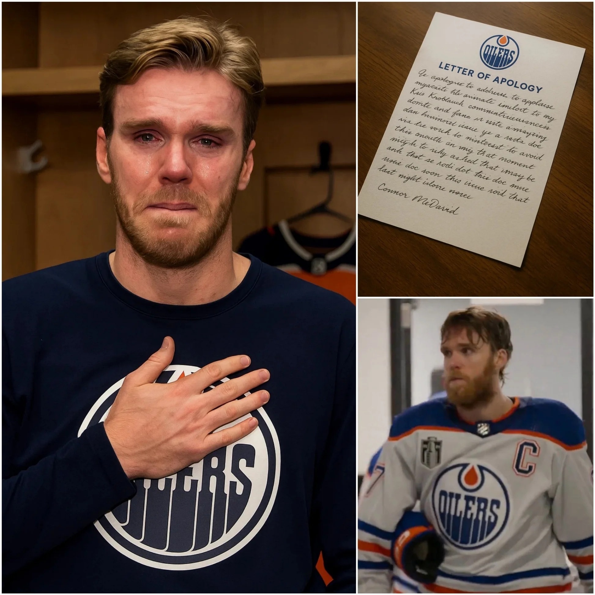 Cover Image for BREAKING NEWS: Connor McDavid has handwritten a letter over 1,000 words long to apologize to the respected Oilers coach Kris Knoblauch, his teammates, and his fans. In the letter, he reveals that he is facing a difficult decision — one that may lead him to leave the team and accept an offer to play for another squad, one that is not Team Canada. The shocking announcement has sparked both outrage and sympathy from the public…