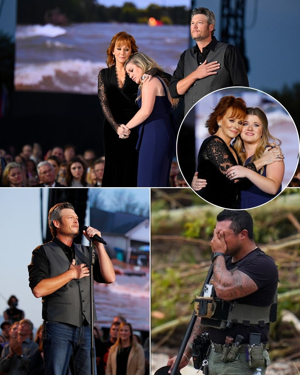 Cover Image for “If I Had Only Known…”  – On the evening of July 11, at Q2 Stadium in Austin, right on the banks of the Guadalupe River, a special memorial organized by the Grand Ole Opry in collaboration with local charities brought the whole of Texas to its knees. Reba McEntire, Kelly Clarkson, and Blake Shelton sang “If I Had Only Known” together — and turned it into a quiet but painful farewell for the victims of the historic floods in the Hill Country. Midway through the performance, Reba suddenly choked up and hugged Kelly Clarkson on stage. In that moment, the lights dimmed — and thousands of people below fell silent in tears. Behind them, the LED screen slowly projected images of collapsed roofs, raging waters washing away everything, and Blake Shelton stood still, his hand on his chest, his eyes looking up to the sky, tears falling. It was no longer a performance. It was a musical prayer, a moment of silence filled with humanity — to bid farewell to those who could not return, and to embrace those who remained with broken hearts…