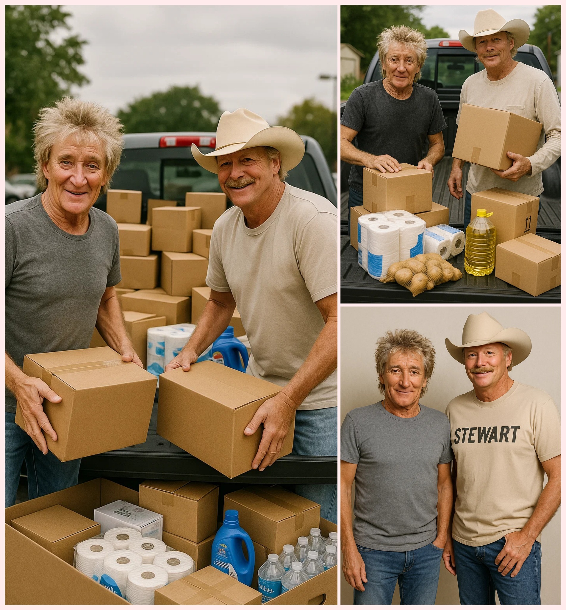 Cover Image for Rod Stewart rested his hand on the tailgate of a pickup loaded with relief supplies, his eyes meeting Alan Jackson’s across the bed. “Texas is hurting bad,” Rod Stewart said softly. “Homes destroyed, families torn apart. We can’t just stand by.” Bruce nodded, lifting a box of food. “Kerrville’s still underwater. We’ll hand out supplies… and maybe sing a few songs to lift their spirits.” Rod Stewart smiled slightly. “You bring your guitar?” Alan Jackson pointed to the case by the cab. “Always.” Rod Stewart climbed into the truck, tossing his jacket over his shoulder. “Alright then. Let’s go show them… they’re not alone.” The engine roared to life as two music legends rolled toward Kerrville — not just to deliver aid, but to bring a little hope to those who had lost everything.