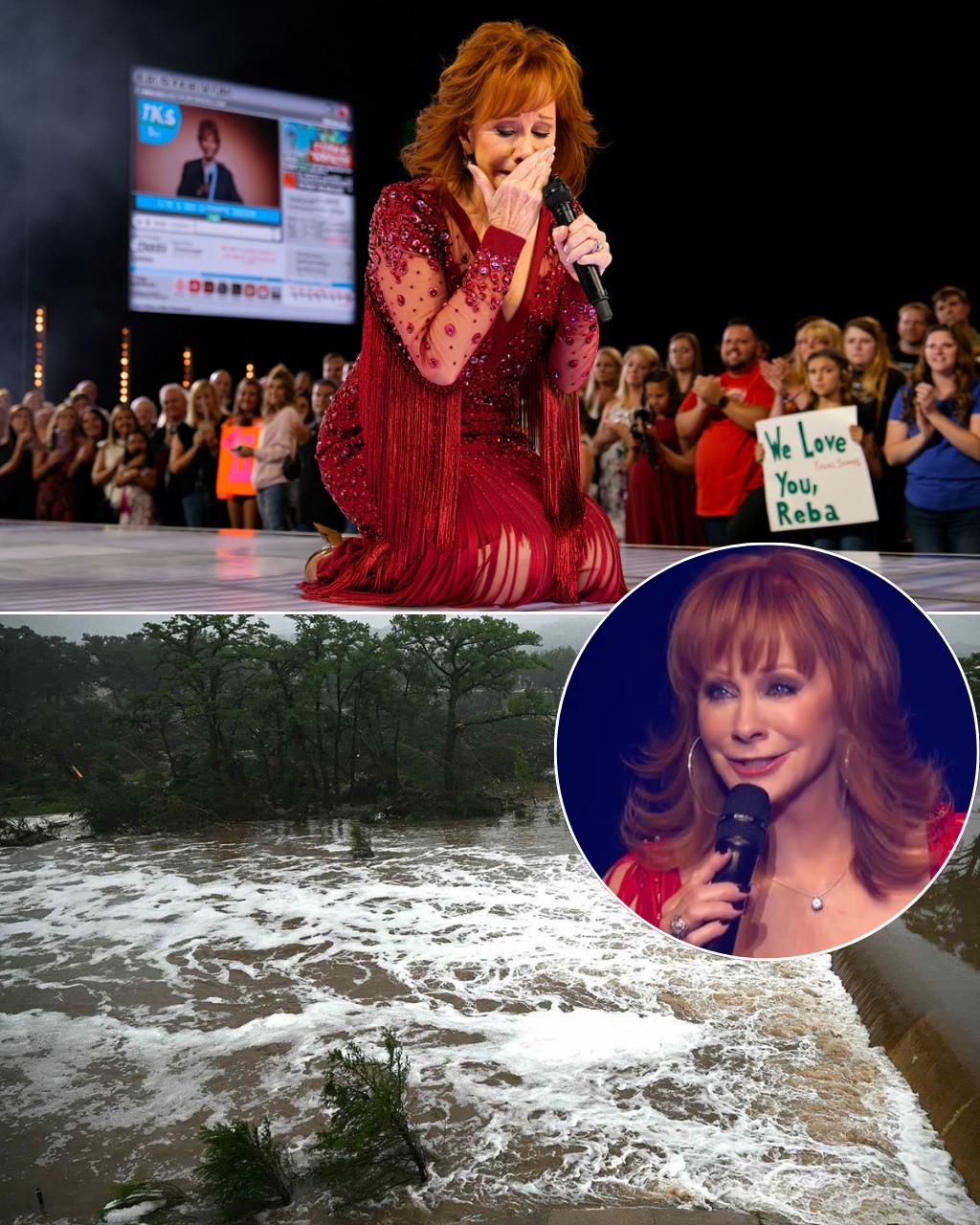 Cover Image for “It’s Okay, Reba, It’s Okay…” – Amidst the bright stage lights, Reba McEntire was performing when she suddenly collapsed, sobbing as she learned that her Texas hometown was reeling from a historic storm. The news had just come in that at least 17 people had died, hundreds of families had lost their homes, and the land where Reba grew up — the fields, the streets, the old church — was now submerged in water. It wasn’t just a piece of land, but the place where her musical dreams were nurtured, where her first song rang out in the wind. Reba knelt in the middle of the stage, choking on the sympathetic applause and broken voices of thousands of people in the audience: “It’s okay, Reba, we’re here with you…” In that moment, the music stopped, but the humanity resonated — stronger than any song she had ever sung…