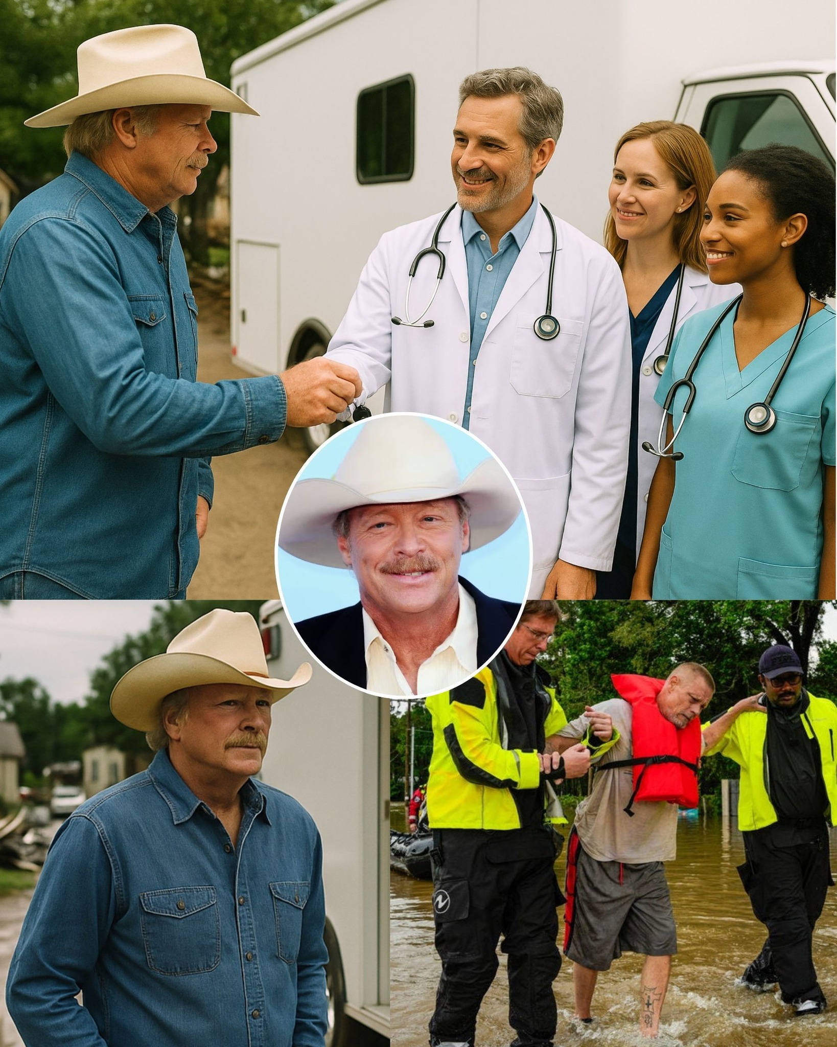 Cover Image for BREAKING: Alan Jackson Quietly Deploys “Healing Station” Mobile Clinic to Flood Zones . Alan Jackson Sends Mobile Medical Unit to Texas Flood Zones — “Healing Means More Than Just Rebuilding Homes” Kerrville, TX — In the wake of Texas’ historic floods, while most relief focuses on food and shelter, a large white truck quietly rolled into a devastated neighborhood this morning.