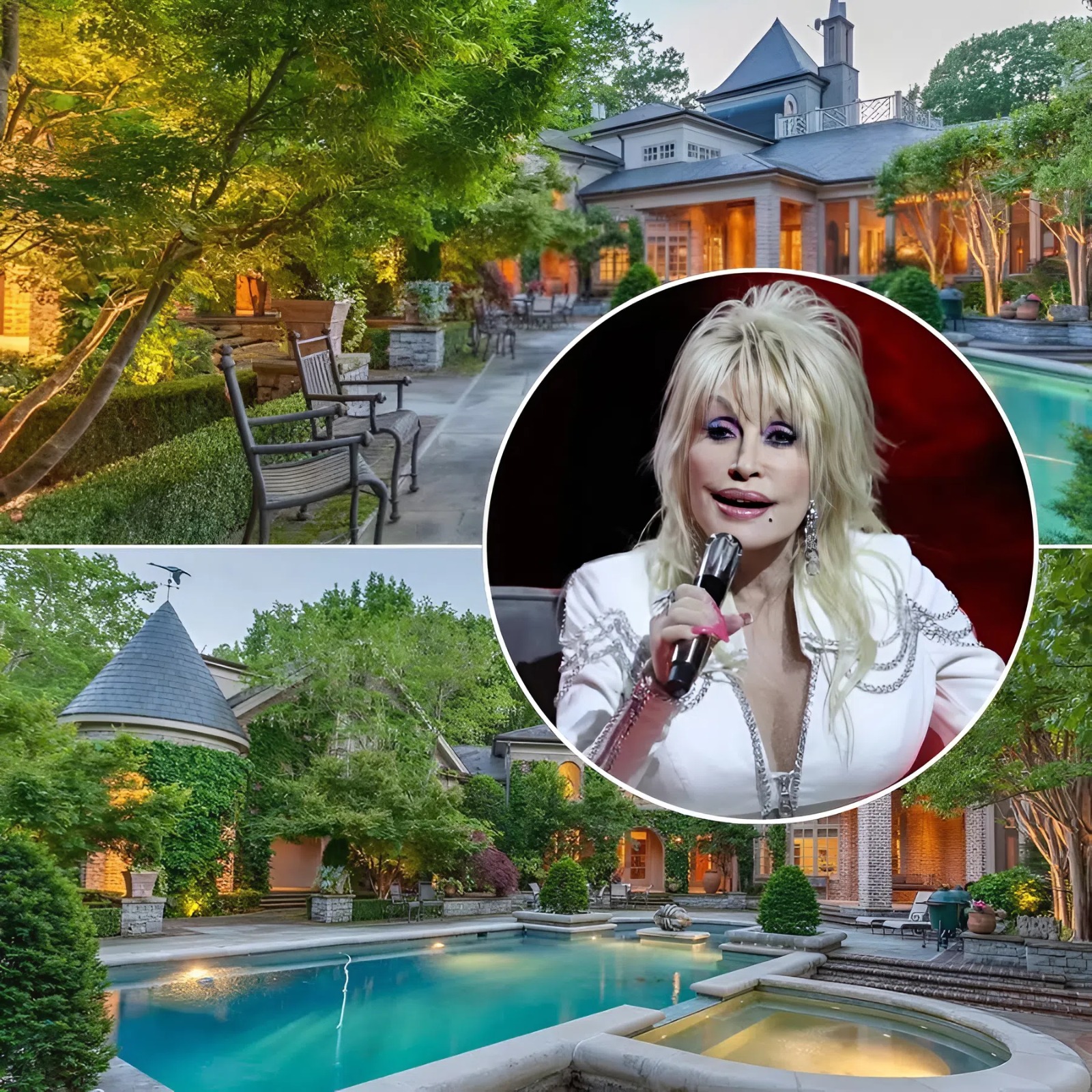 Cover Image for She could live in a palace — but she chose a porch swing and peace. Despite building a glittering empire of music, business, and generosity, Dolly Parton has lived in the same modest $400,000 home in Brentwood, Tennessee, for over twenty years