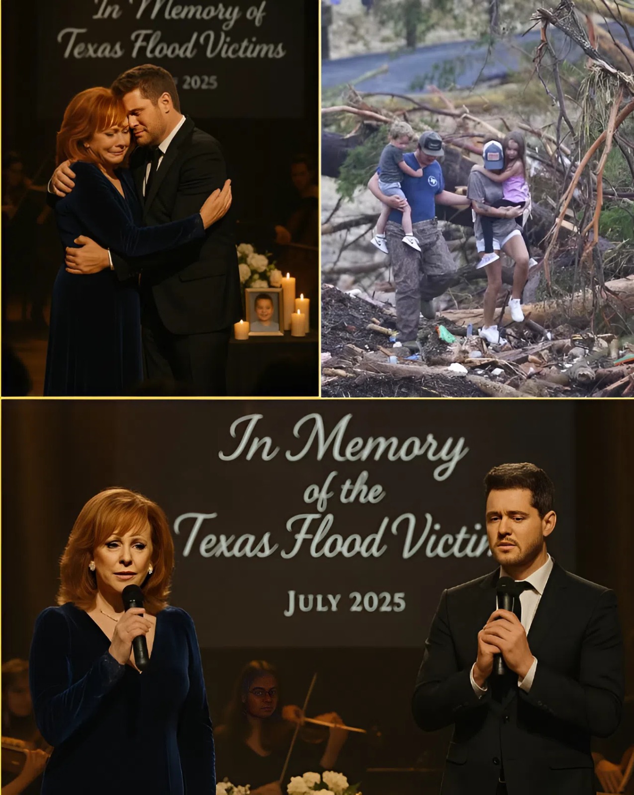 Cover Image for On the evening of July 7, as tens of thousands of Texans were still recovering from the worst flooding disaster in decades, they gathered in Dallas for musical solace. But no one could have predicted that the night — a memorial service — would become a historic moment, etched in the hearts of all present. The stage dimmed. The lights dimmed. No music. No announcements. Just Reba McEntire, in a navy velvet dress, clutching the microphone as if holding onto something sacred, and beside her, Michael Bublé, his face pained, standing in a simple black suit with a white collar. Behind them, the words appeared: “In Memory of the Texas Flood Victims – July 2025”
