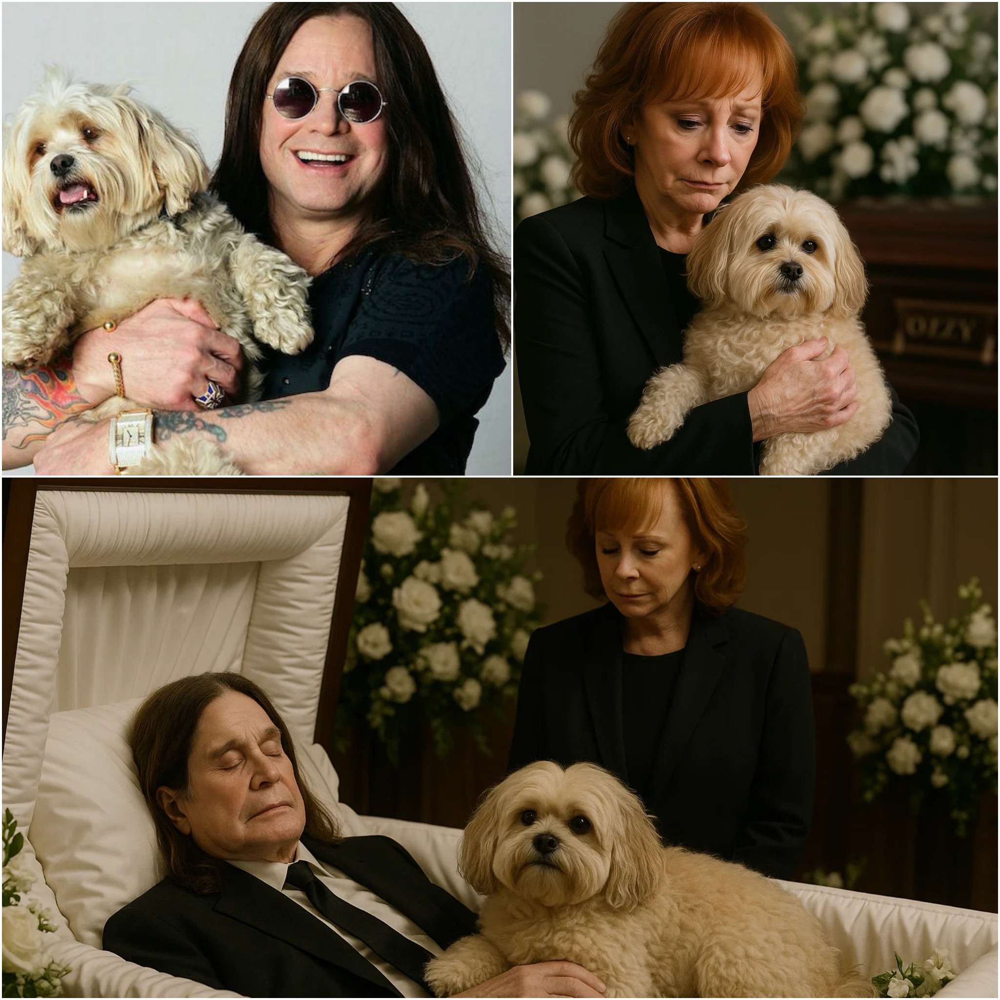 Cover Image for BREAKING NEWS: Reba McEntire Adopts Ozzy Osbourne’s Loyal Dog in a Heart-Wrenching Farewell That Left the Room in Silence Amid a chapel filled with white flowers and flickering candles — like fading memories dancing in the dark — the funeral of rock legend Ozzy Osbourne unfolded in solemn, sacred quiet. No camera flashes, no booming speeches. Only those who truly loved him gathered… and one small soul that silenced the entire room: Duke, Ozzy’s loyal Lhasa Apso, curled at the edge of the casket, his eyes fixed on the place where his best friend now rested forever. Duke didn’t bark. He didn’t whimper. He just waited — quietly, faithfully — as if that tiny heart still hoped to hear the familiar voice say once more: “Come here, buddy.” A loyalty so pure, it pierced even the most guarded hearts. Suddenly, the chapel doors creaked open. A dark silhouette entered — no flash of paparazzi, no announcement. Reba McEntire stepped in with quiet grace, and yet her presence struck like a tender chord breaking the silence of grief.