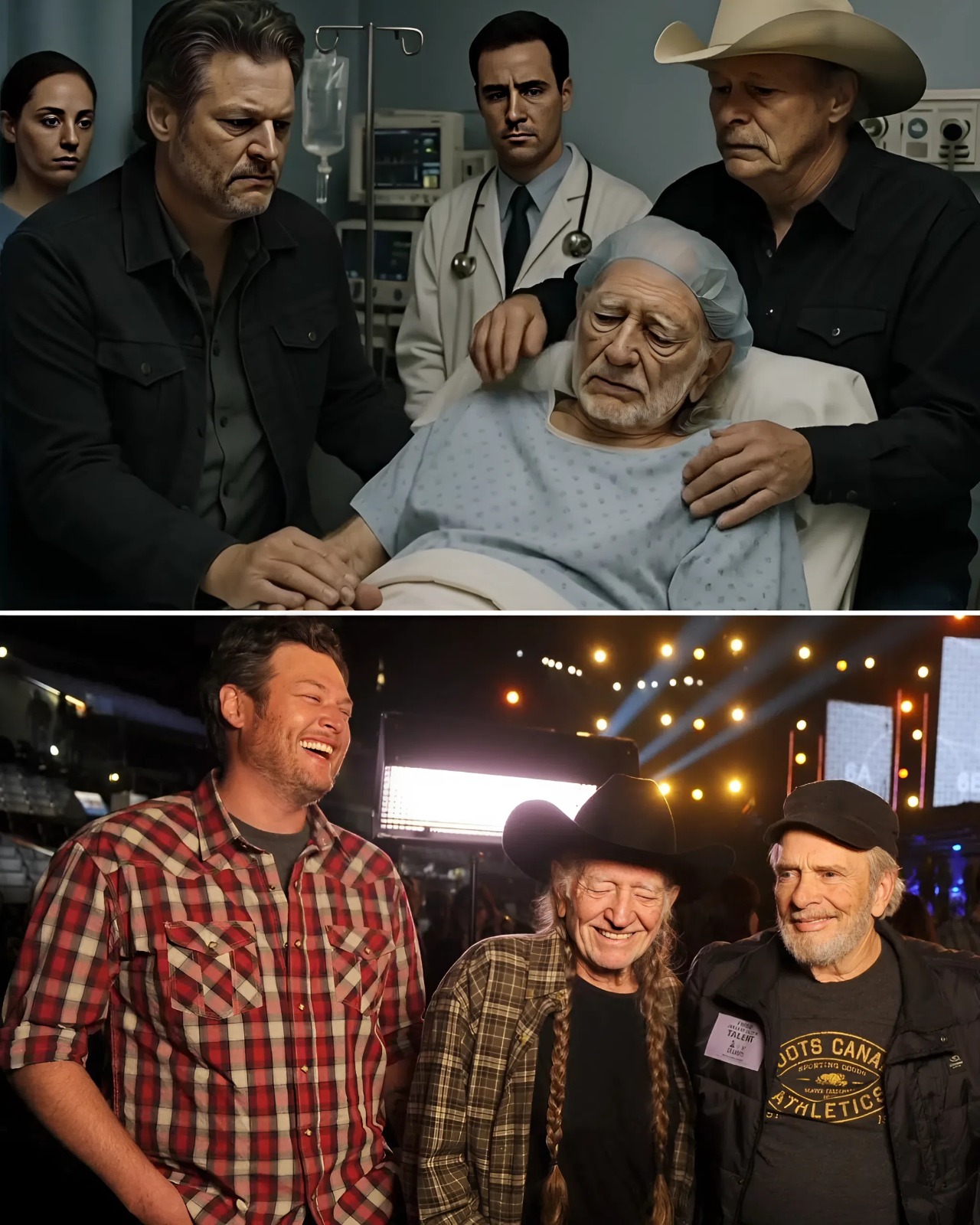 Cover Image for Sad news has shaken the country music world—just half an hour ago, Blake Shelton and Alan Jackson broke their silence with an emotional update on Willie Nelson’s health, and fans are reeling. What was supposed to be a quiet evening turned into heartbreak as the two stars made their simultaneous announcement, their voices heavy with emotion. At 92 years old, the legendary Willie Nelson is now under close medical care, and the way Shelton and Jackson delivered the news made it clear this is serious. Across the world, fans are worried, bracing themselves as one of country music’s most beloved icons faces a fragile moment in his journey…