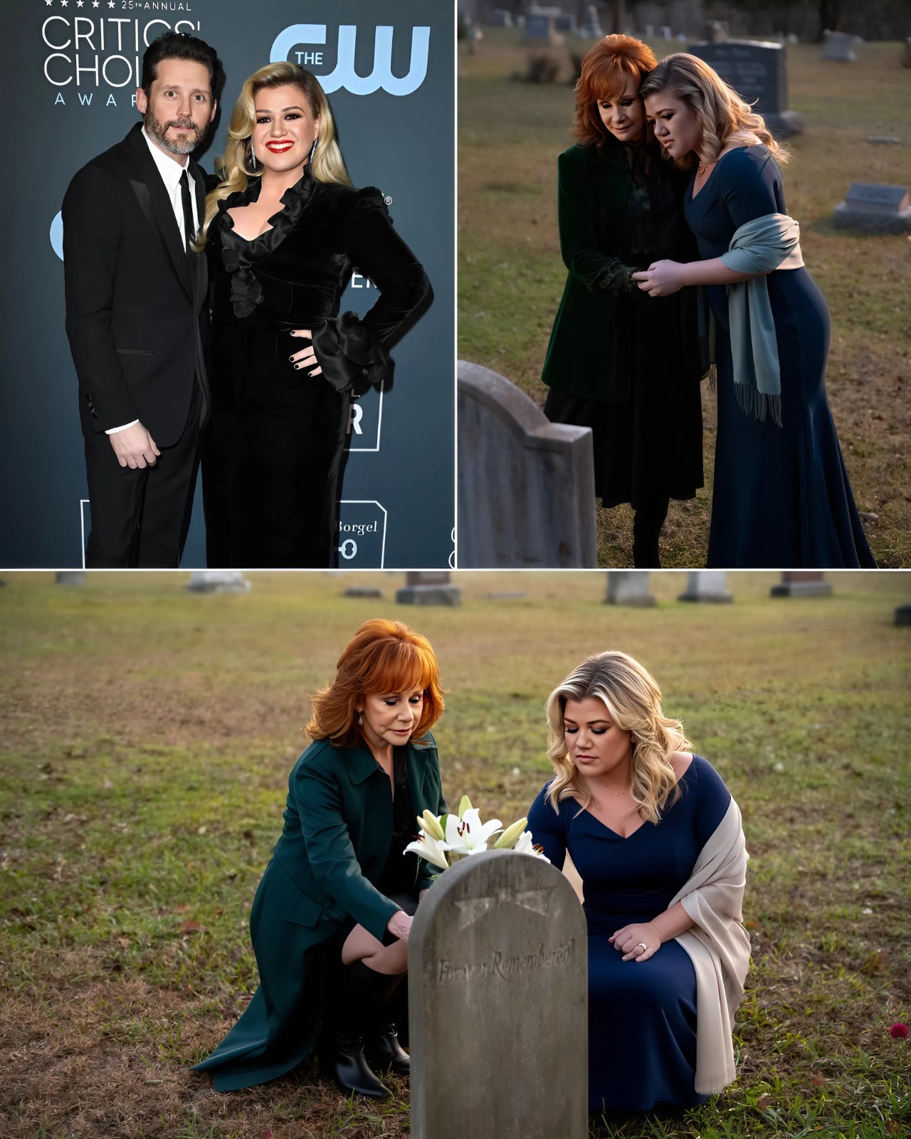 Cover Image for In the hushed dawn of August 18th, a quiet cemetery tucked away on the outskirts of Gallatin, Tennessee, became the backdrop for a moment no one expected. Two women bound not by friendship but by a complicated web of love and loss — Reba McEntire and Kelly Clarkson — arrived without entourage, cameras, or announcement. Their destination: the modest granite headstone of Brandon Blackstock, Kelly’s ex-husband and Reba’s former stepson.