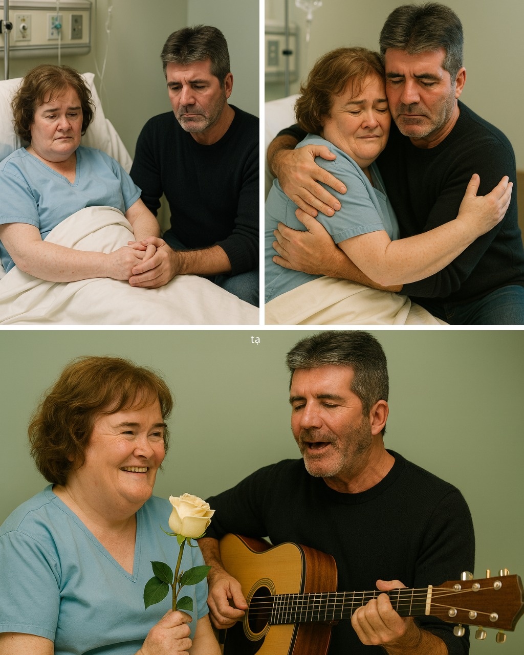 Cover Image for Fragile Life and an Unexpected Friendship: Susan Boyle Rushed to Hospital, Simon Cowell Sings to Her Beside the Beeping Machines  In a turn of events that left the UK in shock, Susan Boyle — the legendary voice who once moved millions — was rushed to the hospital in a critical emergency. Doctors have yet to reveal the cause, but sources say her condition is “serious and under close observation.” While fans around the world pray for her recovery, one deeply moving moment captured hearts: Simon Cowell — the man who discovered Susan — arrived unannounced at the hospital, carrying a guitar and a song he had once promised to sing “if she ever fell.” As his warm voice echoed through the sterile hospital room, Susan — though frail — shed a tear. A nearby nurse whispered, “The whole hospital fell silent… only friendship and hope remained.”.