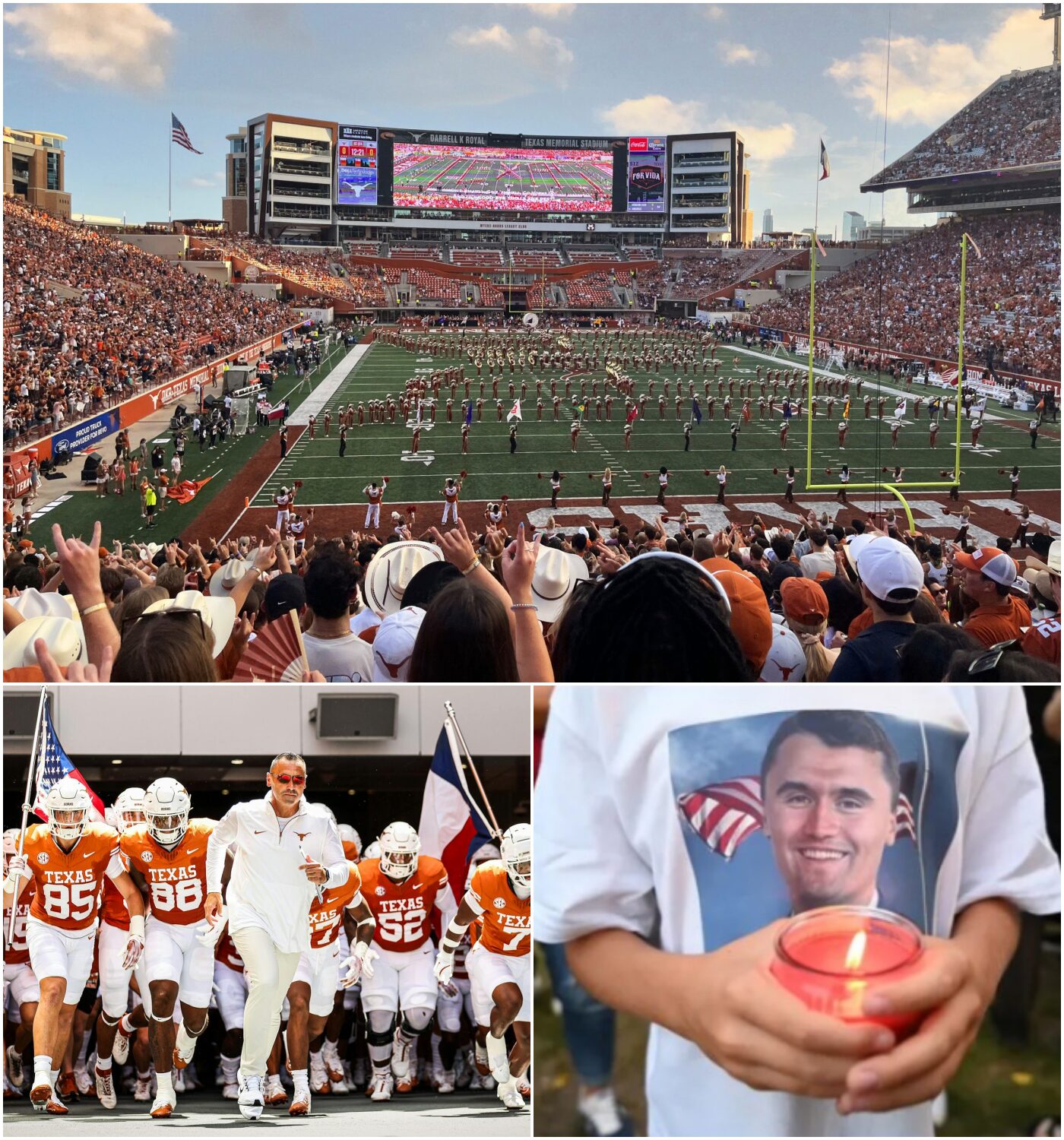Cover Image for BREAKING NEWS: In an unprecedented move, the Texas Longhorns have confirmed that Darrell K Royal–Texas Memorial Stadium will host a massive public memorial for Charlie Kirk on September 21.