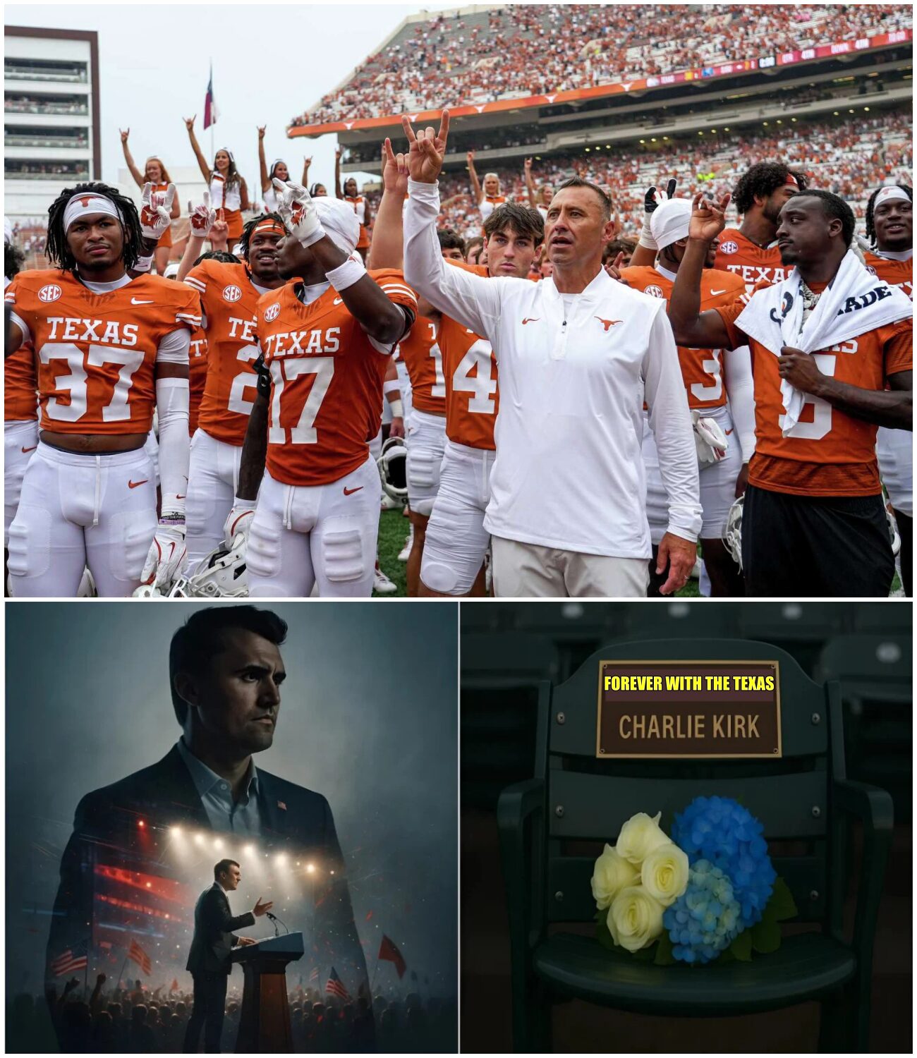 Cover Image for 🔥 BREAKING: Texas Longhorns Leave Empty Seat in Memory of Charlie Kirk – “Forever with Texas on Gameday”  Amid the wind-swept stands of the Texas Longhorns, where millions of Texas hearts have cheered for generations, there now rests an empty seat that will never again be filled.  Upon it lies a golden plaque engraved with the words: “Forever with Texas – Charlie Kirk,” shining silently among the sea of fans, a poignant reminder that the love and memory of a loyal supporter will live on with the team forever.
