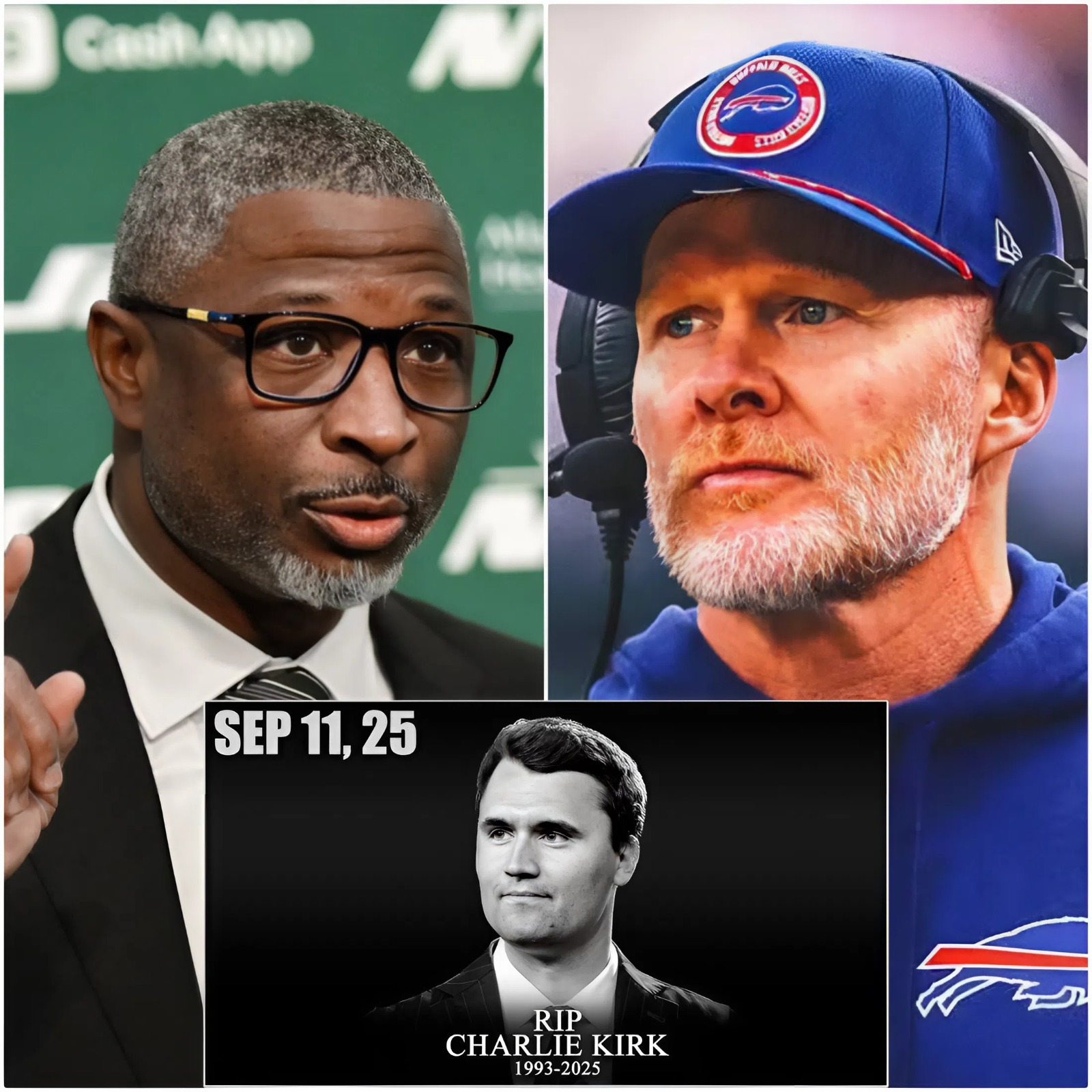 Cover Image for BREAKING REPORT: New York Jet head coach Aaron Glenn has refused a planned moment of silence for Charlie Kirk — who recently lost his life while serving his country — ahead of the upcoming clash with Buffalo Bills. Aaron Glenn stated: “Football has nothing to do with politics, and for someone as conservative as Kirk, even less so.” His words sent shockwaves through the NFL community, sparking outrage among fans and players alike. The backlash grew so strong that Sean McDermott stepped forward, delivering just 7 searing words aimed directly at Aaron Glenn— a warning that echoed far beyond the field.