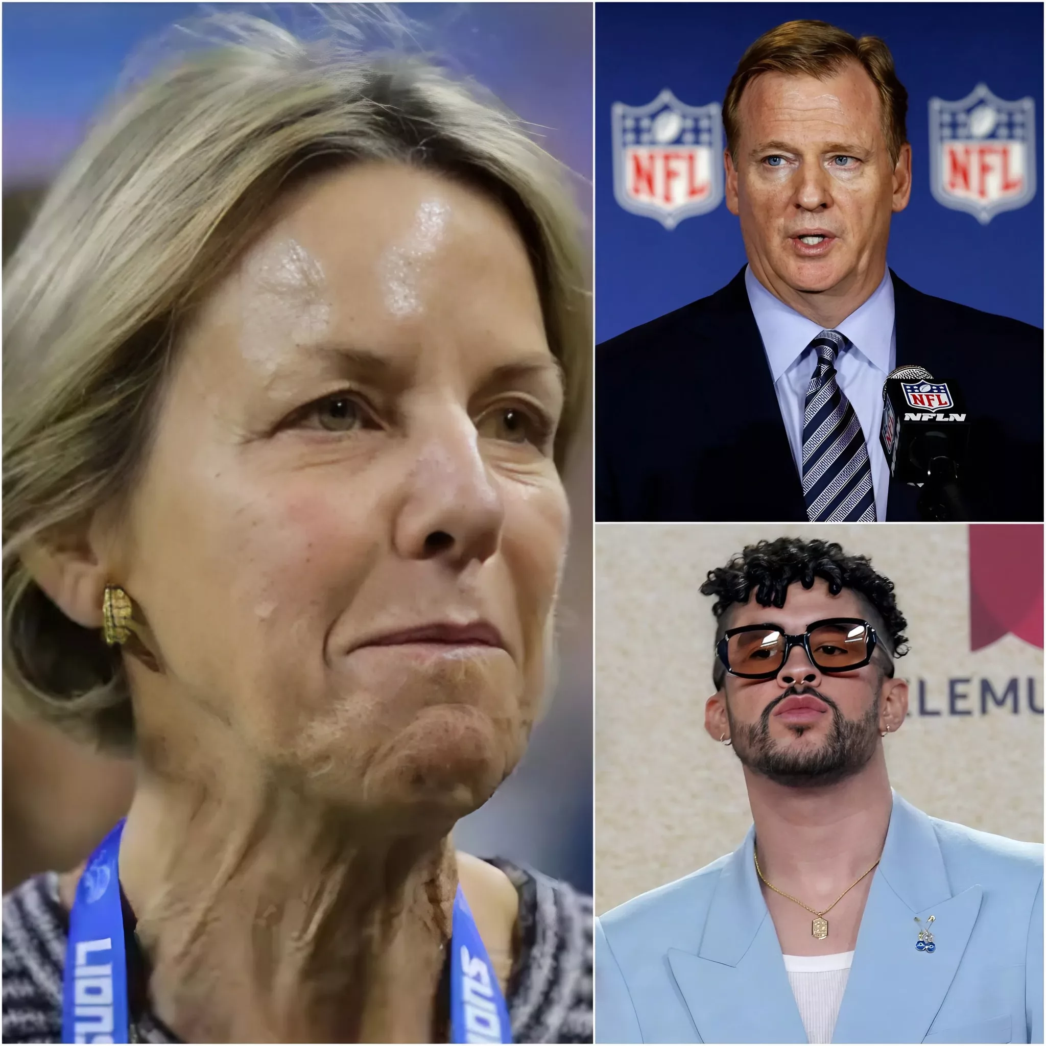 Cover Image for BREAKING: NFL confirms â Bad Bunny is officially staying for the Super Bowl halftime show. Angry Detroit Lions owner Sheila Ford Hamp wants to spend $7 million to remove Bad Bunny from his Super Bowl performance. Commissioner Roger Goodell has yet to comment on the situation, adding more tension to the ongoing controversy.