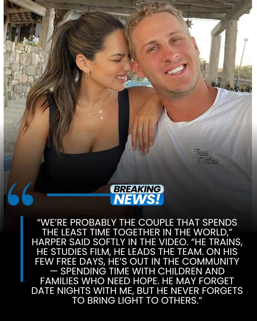 Cover Image for â€HEART WARMING: Jared Goffâs wife, Christen Harper, just shared a heartfelt post about her husband on social media â along with a video capturing Goffâs countless acts of kindness. From charity visits to helping hundreds, even thousands of people in need, the video has moved everyone to tears.đ