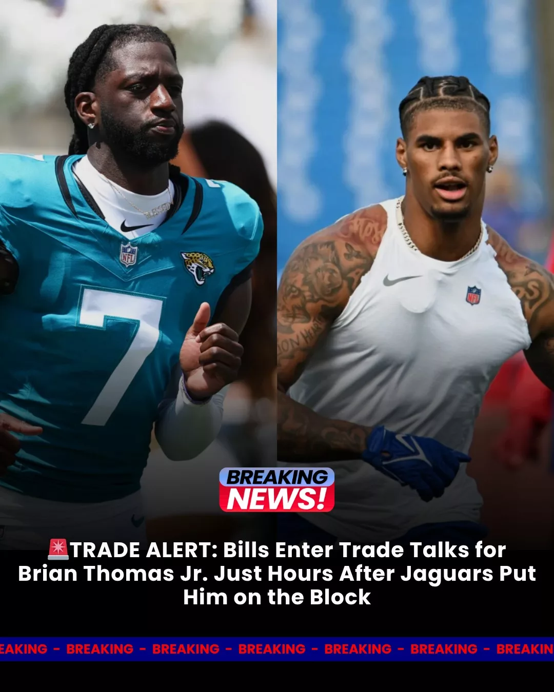 Cover Image for đšTRADE ALERT: Bills Enter Trade Talks for Brian Thomas Jr. Just Hours After Jaguars Put Him on the Blockđ
