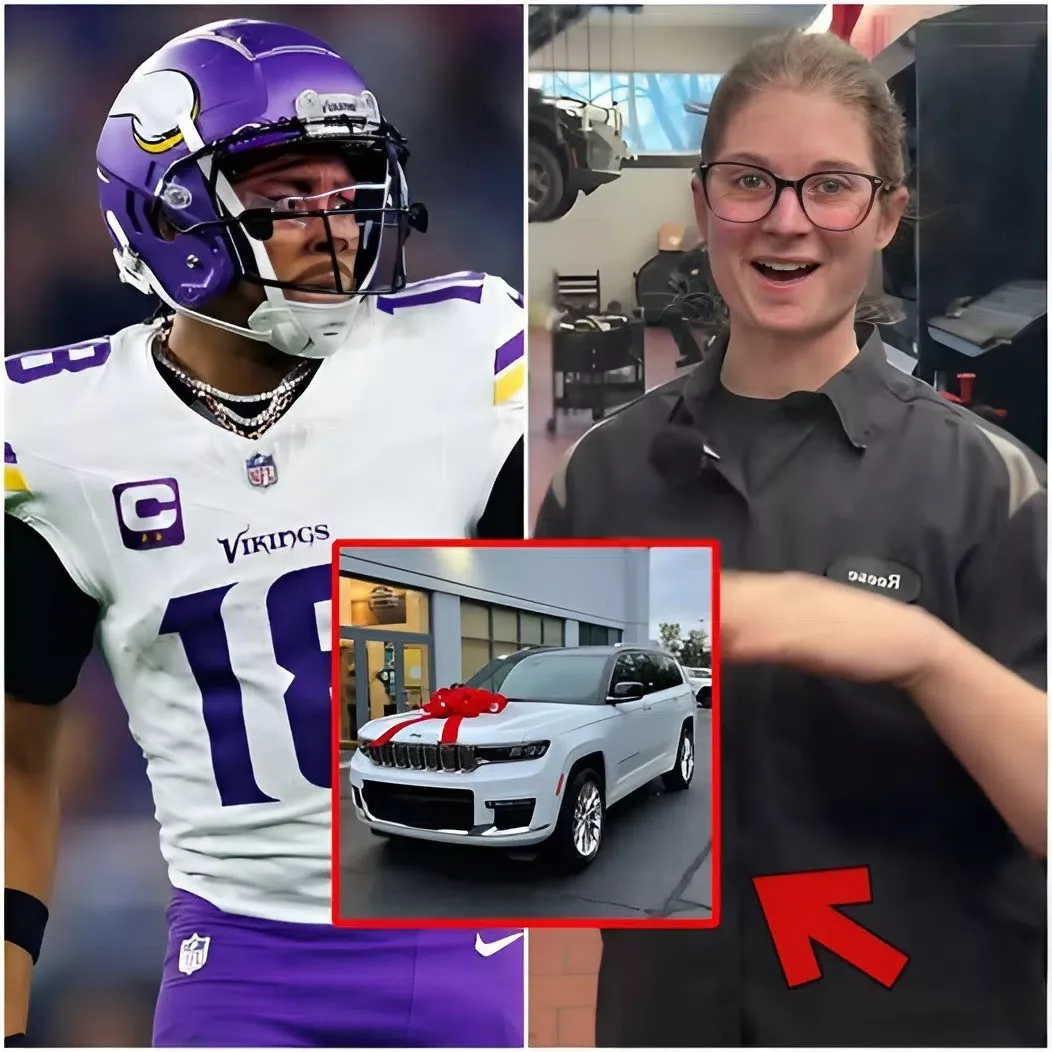 Cover Image for Life was tough for Maria Thompson, a hardworking janitor at U.S. Bank Stadium, until one cold Minnesota night when she helped football star Justin Jefferson fix a flat tire. The next day, a white SUV pulled up in front of her house⊠and thatâs when everything changed. You wonât believe what happened next! đđ