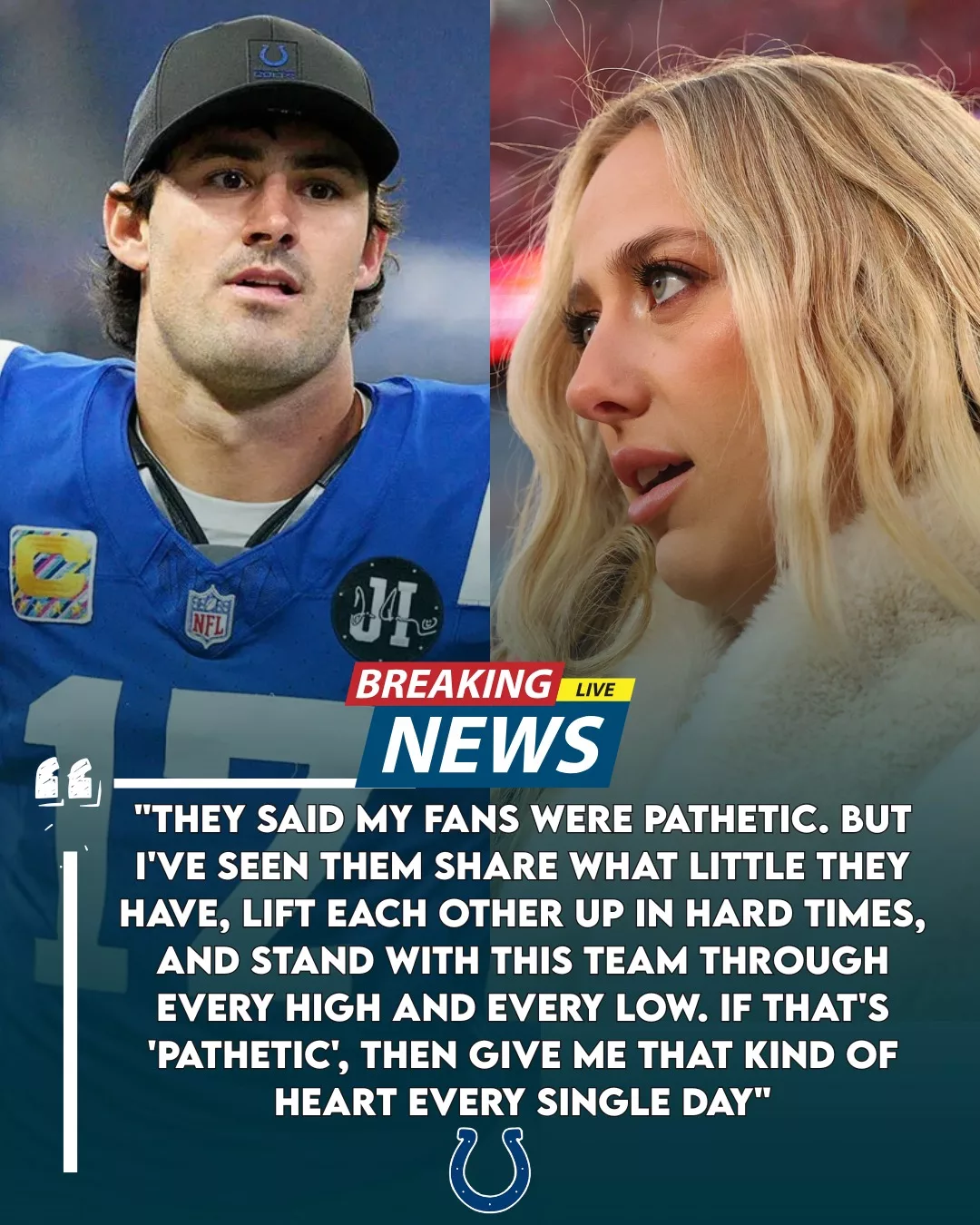 Cover Image for After Brittany Mahomes’ viral video insulting Colts fans, Daniel Jones’ 10-word message became the quote of the season — and the new roar of Indianapolis. Colts fans say they’ve found the city’s new symbol 👇