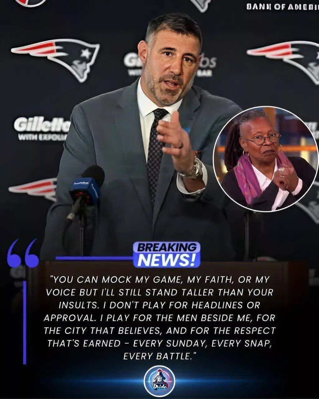 Cover Image for 🔥 SHOCKING LIVE TV MOMENT FROM PATRIOTS: “HE’S JUST A FOOTBALL PLAYER.” Those five words from Whoopi Goldberg instantly backfired when PATRIOTS star Mike Vrabel looked straight into the camera and dropped a line that stopped the entire studio cold. Within minutes, the clip exploded across social media — millions watching the exact moment Vrabel turned a casual insult into a national wake-up call. What he said next didn’t just silence Whoopi — it sent shockwaves through the NFL, Hollywood, and every living room in America.