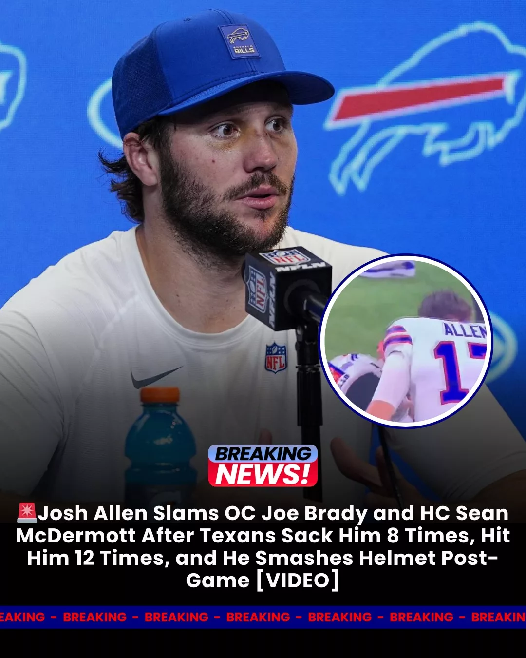 Cover Image for After the disappointing loss to the Texans, Josh Allen slammed his helmet in frustration and openly criticized HC Sean McDermott and OC Joe Brady, calling their decision a disaster and the key reason for the defeat.