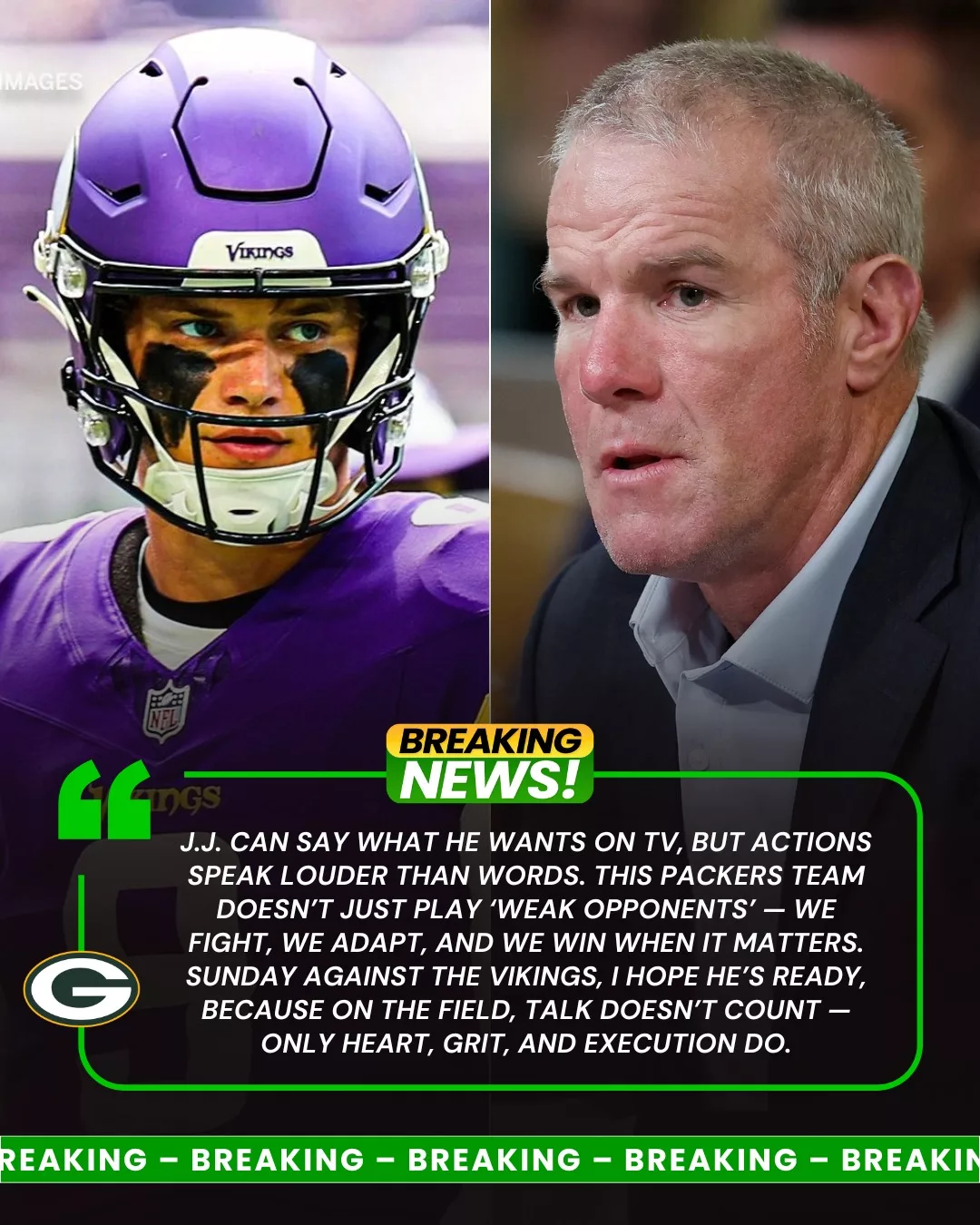 Cover Image for BREAKING: Legend Brett Favre Speaks Out to Respond to Vikings Star J.J. McCarthy After He Called the Packers “Fool’s Gold” and Claimed the Team Only “Beats Weak Teams” Live on ESPN – And McCarthy’s Subsequent Reaction Leaves Packers Fans Thoroughly Satisfied.