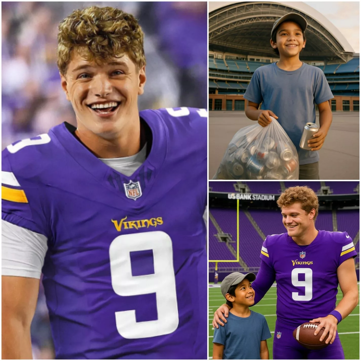 Cover Image for BREAKING: J.J. McCarthy Creates a Miracle as 11-Year-Old Boy Who Collected Scrap for 3 Years Finally Gets Into U.S. Bank Stadium. The 11-year-old boy, who lives with his grandmother in a poor neighborhood in Minnesota, has never given up on his dream despite a difficult life. He saved every penny with a single goal: to step foot into U.S. Bank Stadium and watch J.J. McCarthy of the Minnesota Vikings play live. The boy’s story spread after a stadium employee happened to see him lining up to buy tickets. Not long after, the news reached J.J. McCarthy, and he immediately took action…