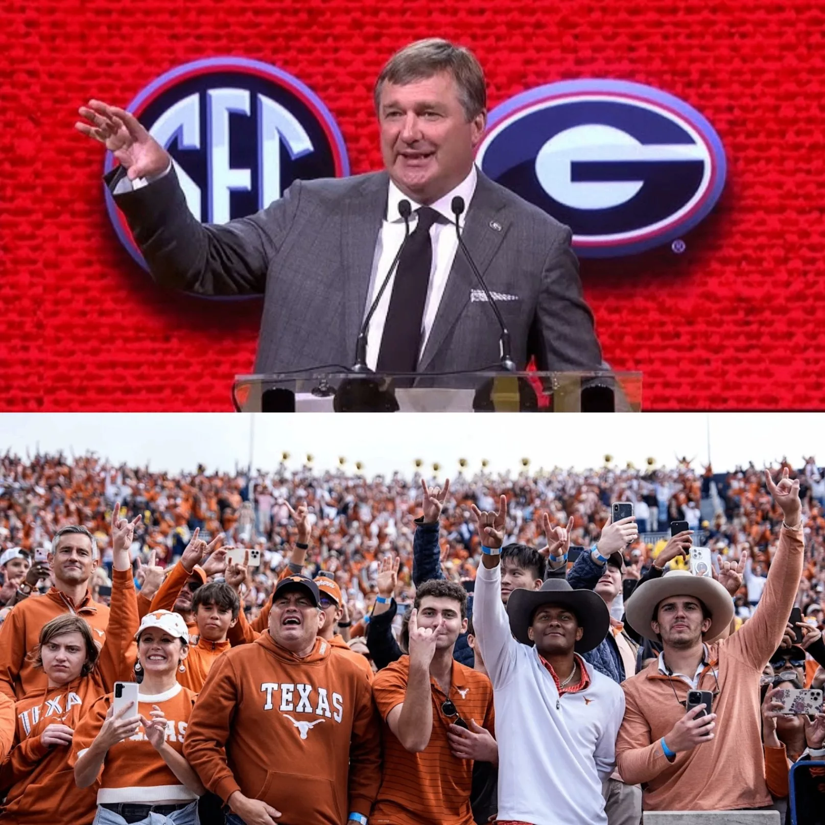 Cover Image for NCAA Limits Texas Fans at Texas vs. Georgia After Kirby Smart Complaint — Fans Respond
