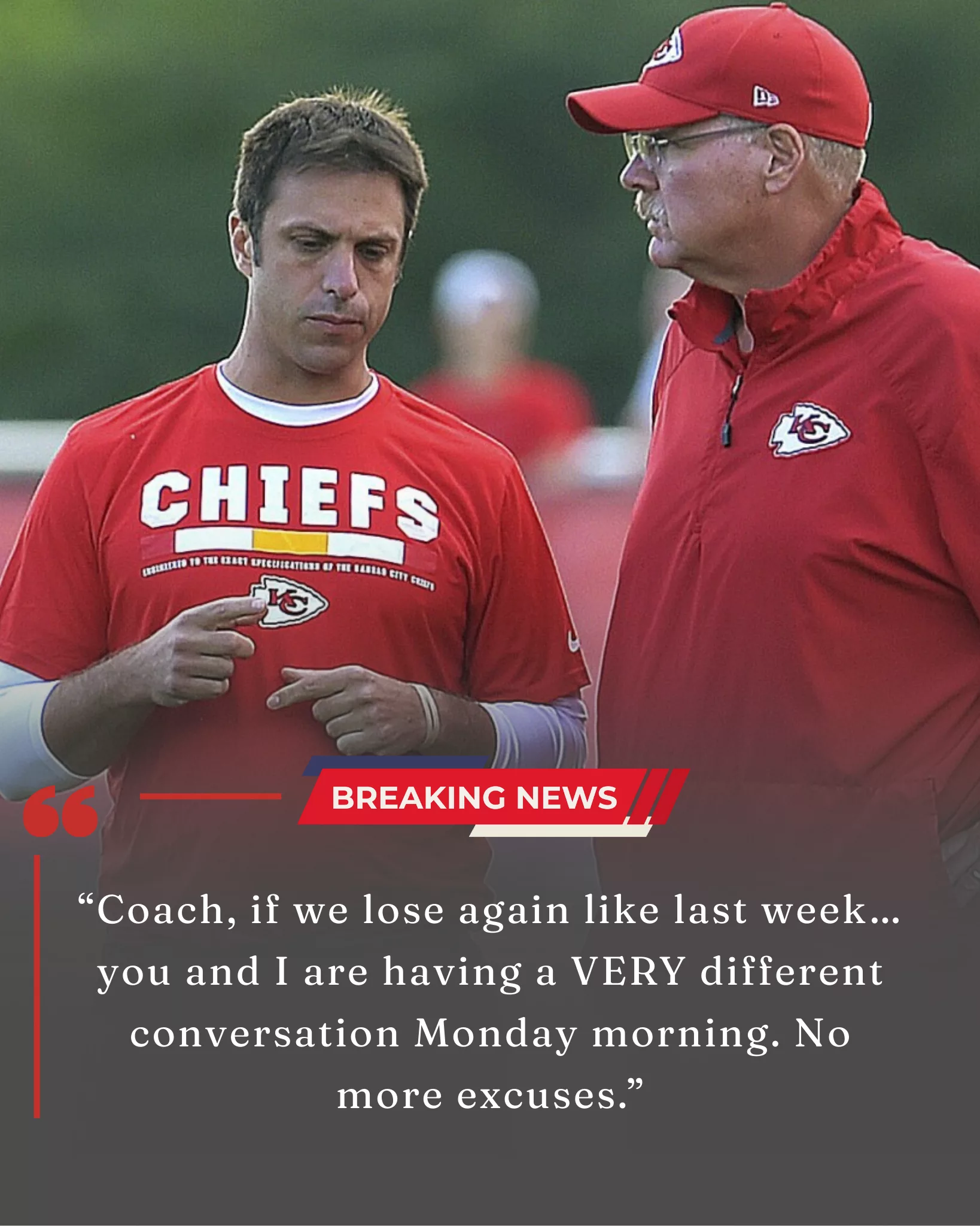 Cover Image for BREAKING: Chiefs GM Brett Veach just went ABSOLUTE SAVAGE on Andy Reid in front of the entire team 😳 “Coach, if we lose again like last week… you and I are having a VERY different conversation Monday morning. No more excuses.” Locker room reportedly froze. Mahomes didn’t say a word. Even Travis looked shook.