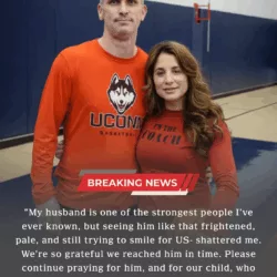 Emotional: Dan Hurley’s wife, Andrea Hurley, provides an update on the health of the Uconn Huskies head coach and thanks fans for their support during this difficult time, after he was rushed to the hospital due to a sudden medical emergency…