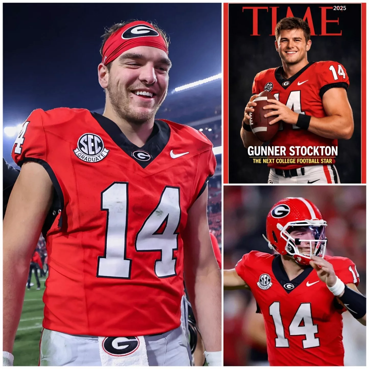 The image features Gunner Stockton, a football player in a red Georgia uniform, highlighted as a future star on a TIME m