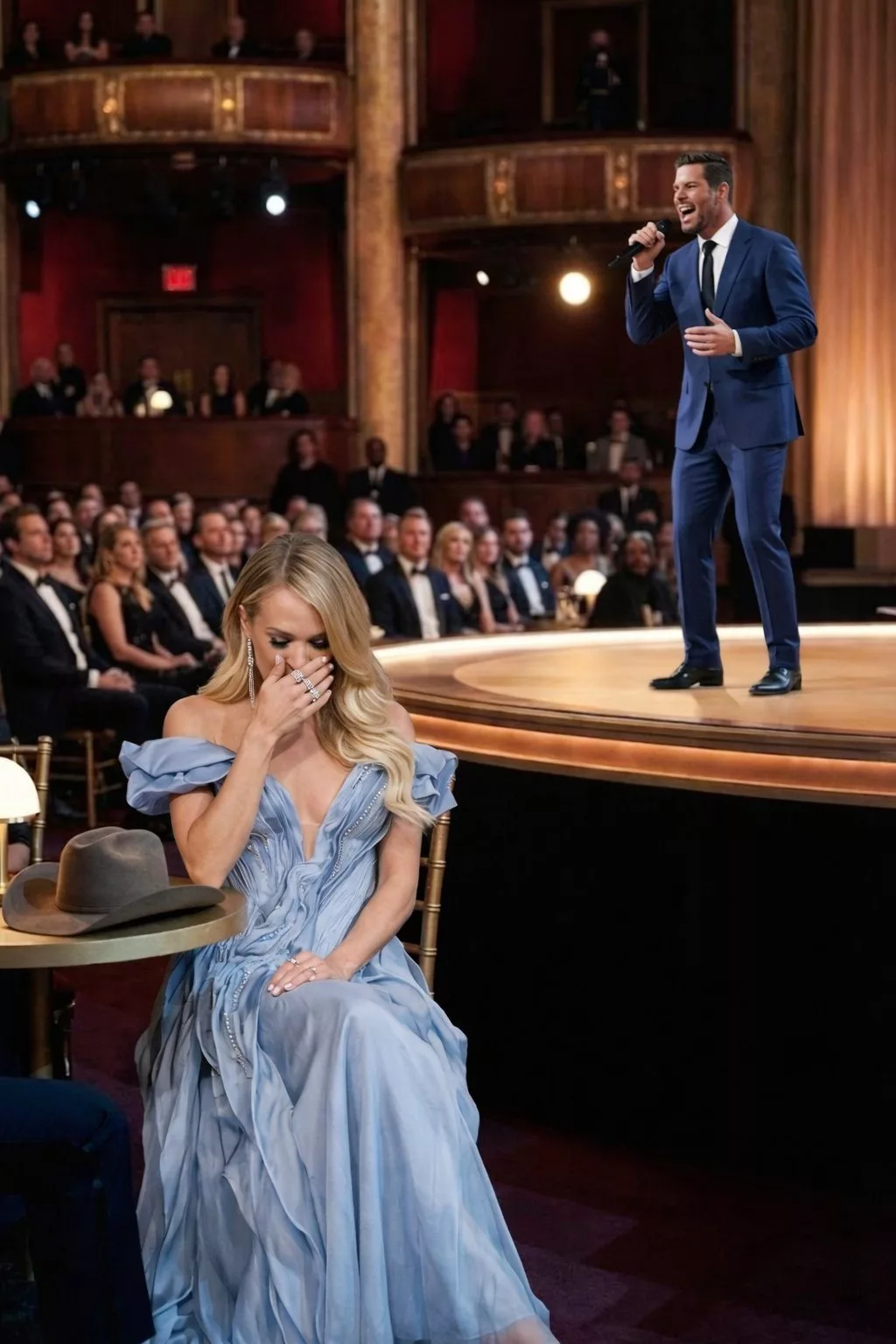 Cover Image for Last night, Carrie Underwood didn’t stand on stage like the country music superstar known for filling stadiums and captivating millions of fans over the years. At 40, she sat still.