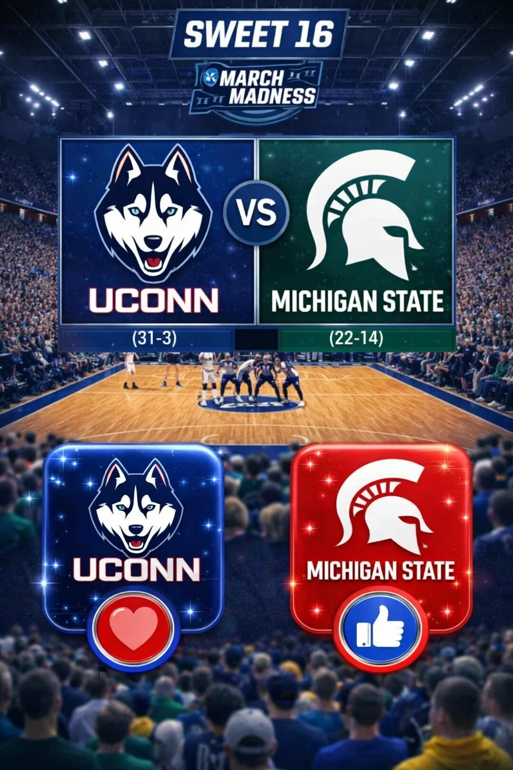 Cover Image for PRIME-TIME ALERT: CBS Shifts Schedule for High-Stakes UConn vs. Michigan State Sweet 16 Clash