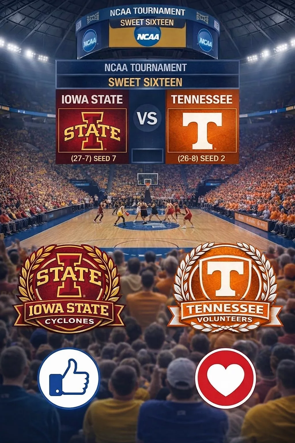 Cover Image for TIME CHANGE DRAMA: Tennessee vs. Iowa State Sweet 16 Showdown Gets New Tip-Off Time—Fans Brace for Late-Night Madness