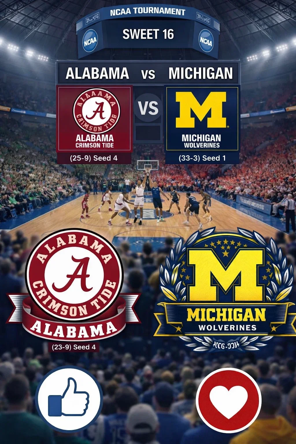 Cover Image for MARCH MADNESS SHAKE-UP: New Tip-Off Time Confirmed for Michigan vs. Alabama Sweet 16 Thriller
