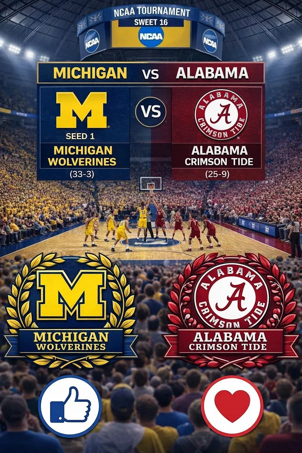 Cover Image for TIME CHANGE ANNOUNCEMENT: Alabama Crimson Tide and Michigan Wolverines — The official tip-off for the NCAA Men’s Basketball Tournament Third Round matchup has been confirmed! Organizers have adjusted the schedule for this high-stakes showdown as both teams battle for a spot in the Sweet 8!
