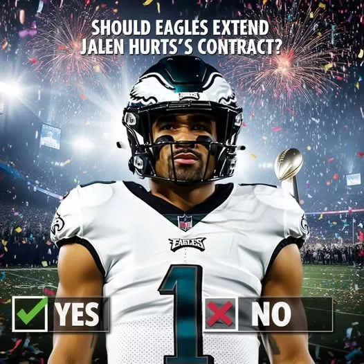 Cover Image for 🦅 SHOULD the Eagles extend Jalen Hurts? The debate is heating up… 👀 On one hand, Hurts has proven he can lead, win big games, and be the face of the franchise. On the other, massive contracts can limit a team’s flexibility moving forward. Is he worth locking in long-term as the cornerstone of Philadelphia’s future? Or should the Eagles wait and see how things unfold? This decision could shape the team for years — maybe even define their Super Bowl window. 👉 So what’s the right move here? Extend now or hold off? The answer isn’t as simple as you think… 💭