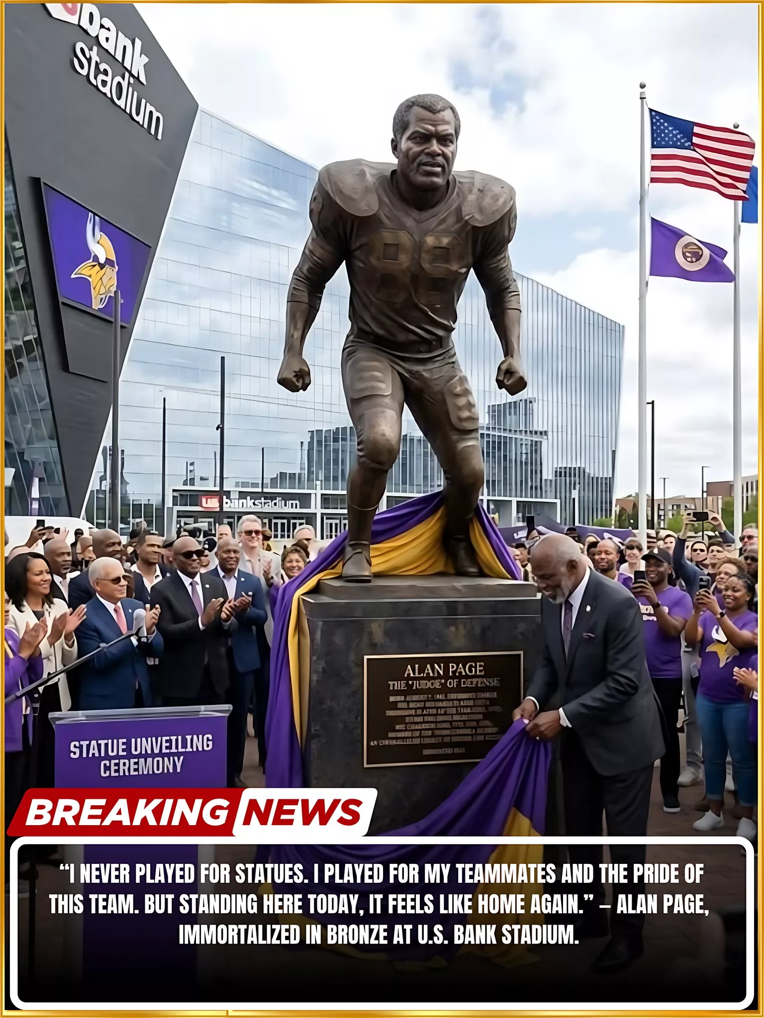 Cover Image for 🏛️ LEGACY IMMORTALIZED: Alan Page Honored in Bronze as a Timeless Icon of the Minnesota Vikings