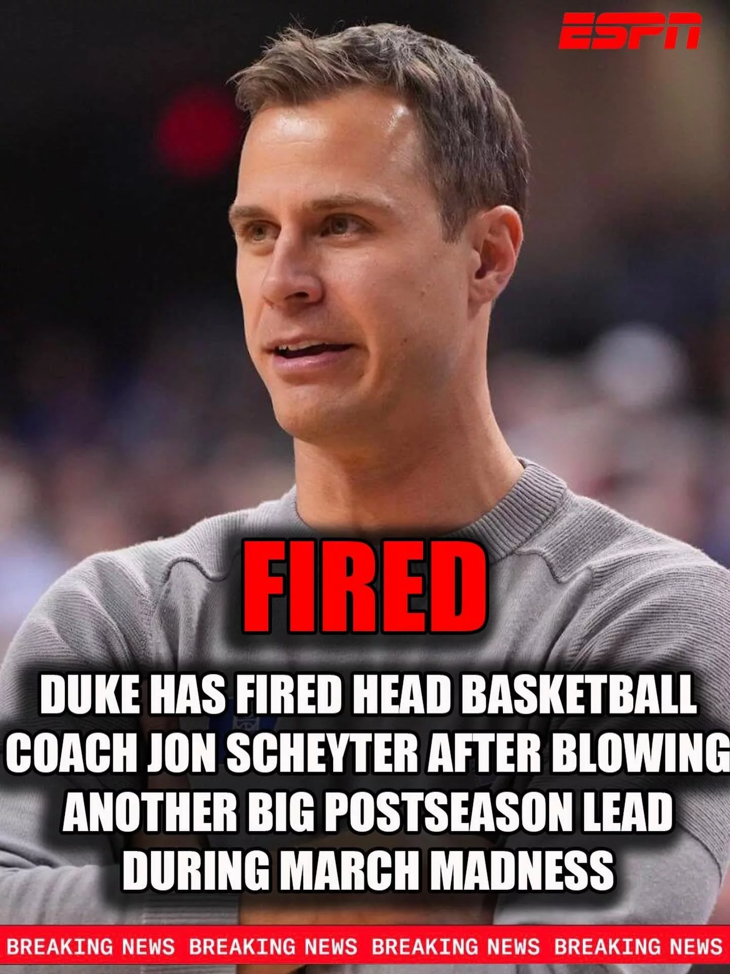 Cover Image for SHOCKWAVE IN DURHAM: Duke Fires Jon Scheyer After “Humiliating” Collapse; President Cites Intentional Loss Suspicions