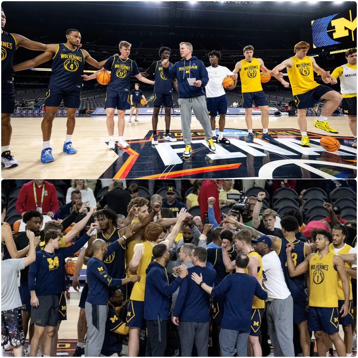 Cover Image for Before practice for the NCAA Men’s Basketball Championship Final Four against Arizona, head coach Dusty May asked the entire Michigan Wolverines men’s basketball team to gather in the center court.