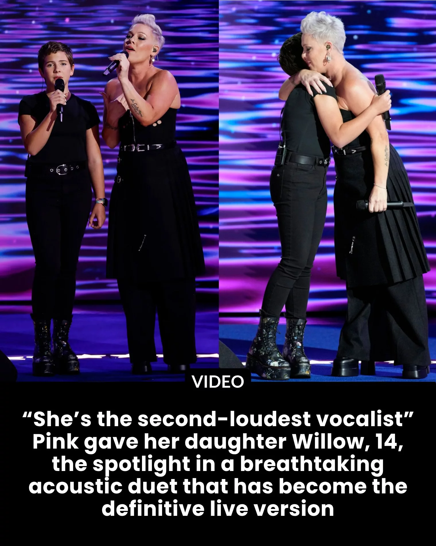 Cover Image for “She’s the second-loudest vocalist” Pink gave her daughter Willow, 14, the spotlight in a breathtaking acoustic duet that has become the definitive live version. Pink brought her 13-year
