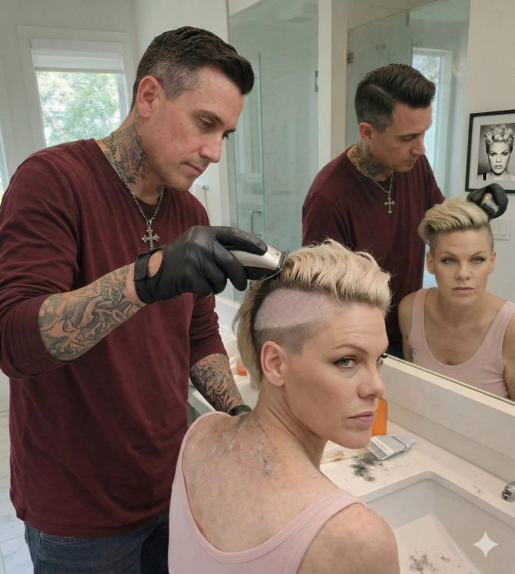 Cover Image for P!nk shaving Carey Hart’s hair with love and care during his courageous battle with cancer 💛
