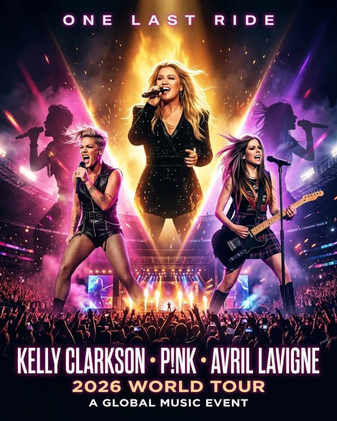 Cover Image for “GOOD NEWS: The “ONE LAST RIDE” World Tour has officially been announced — Kelly Clarkson, P!nk, and Avril Lavigne unite for a once-in-a-generation music event