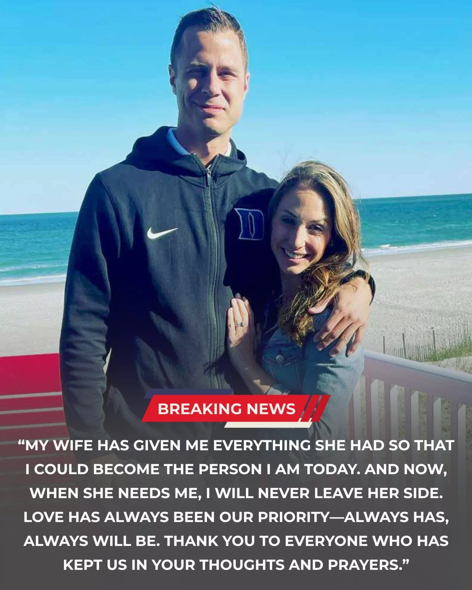 Cover Image for EMOTIONAL MOMENT: Head coach Jon Scheyer was brought to tears as he spoke about his wife in a quiet yet heartbreaking moment that left viewers deeply moved.