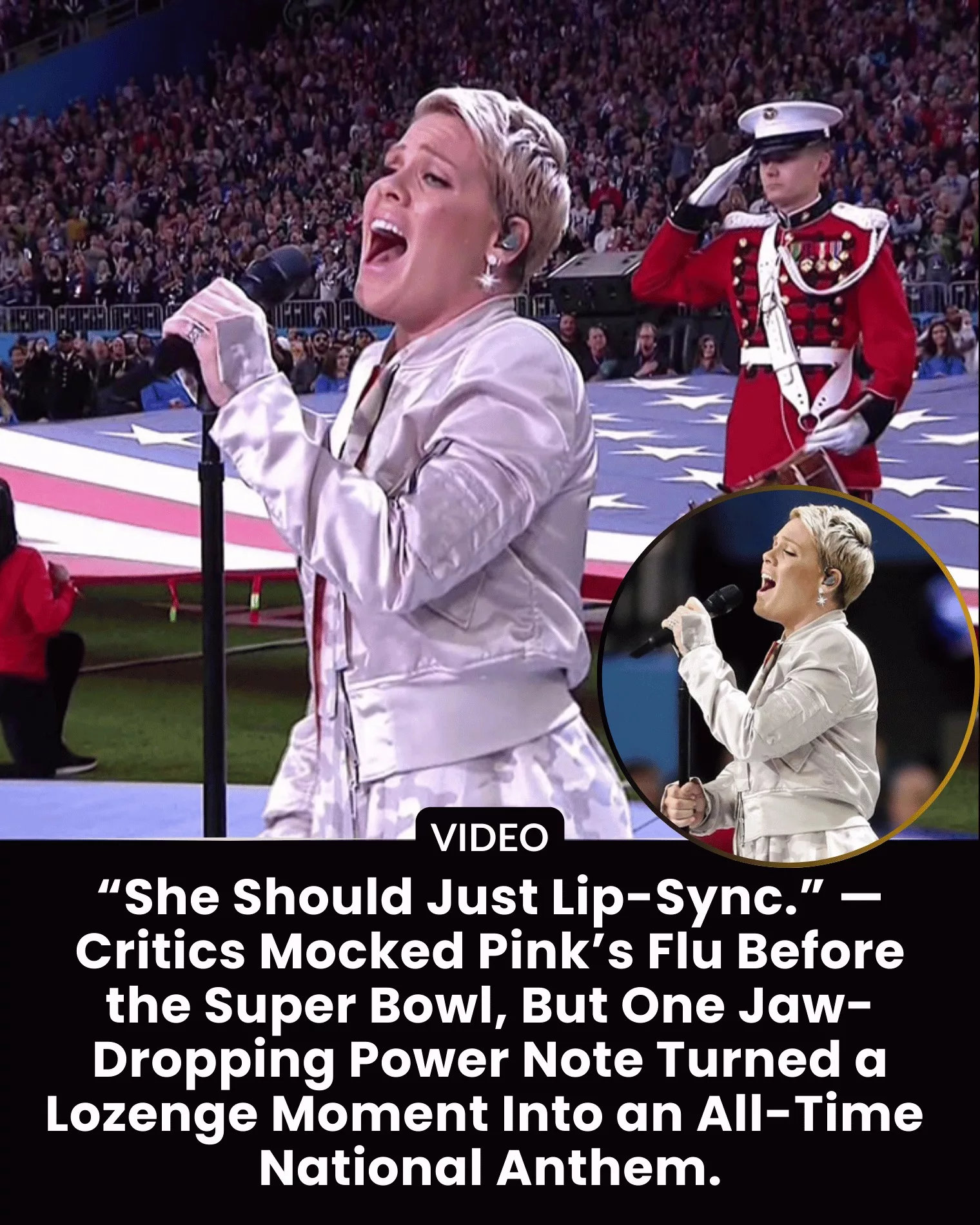 Cover Image for “She Should Just Lip-Sync.” — Critics Mocked Pink’s Flu Before the Super Bowl, But One Jaw-Dropping Power Note Turned a Lozenge Moment Into an All-Time National Anthem