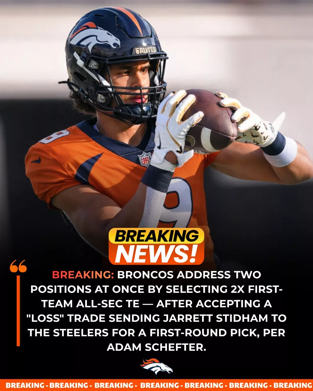 Cover Image for 🚨 BREAKING: Denver Broncos Land Elite 2x First-Team All-SEC TE After Bold Trade Sending Jarrett Stidham to the Pittsburgh Steelers