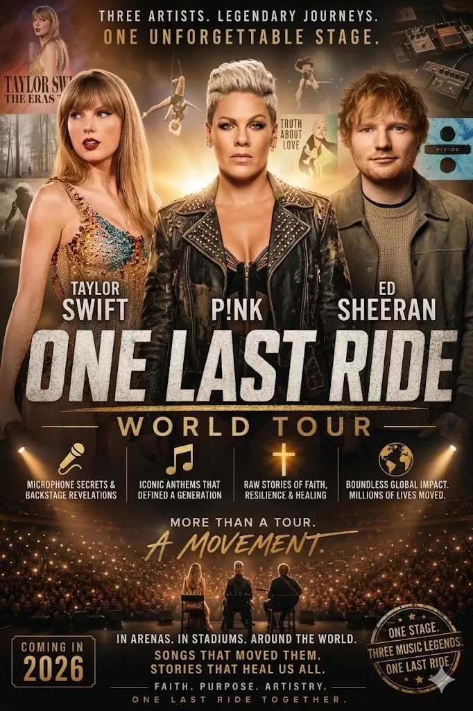 Cover Image for GOOD NEWS: “ONE LAST RIDE” World Tour Officially Announced — Taylor Swift, P!NK, and Ed Sheeran Unite for a Once-in-a-Generation Music Event