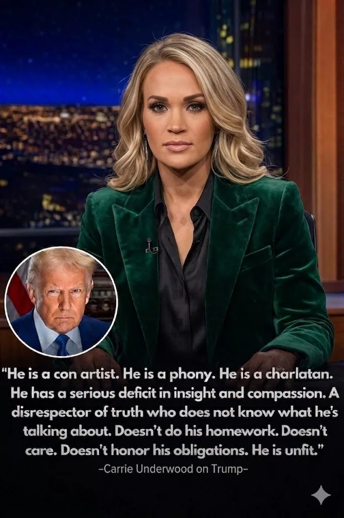 Cover Image for Carrie Underwood on Donald Trump “Honey, that man’s a low-down, no-account punk struttin’ around like he owns the world. He’s a slimy dog barkin’ nonsense, a greedy pig wallowin’ in his own lies, a slick con artist sellin’ fool’s gold to the desperate.