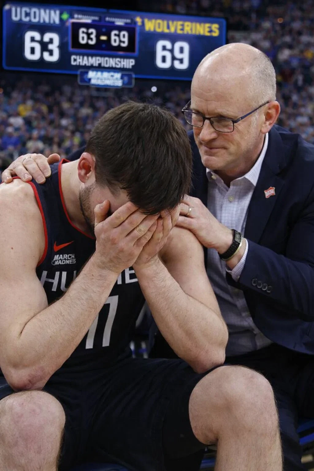 Cover Image for BEYOND THE BOX SCORE: Dan Hurley and Alex Karaban’s Moment of Grace in the Shadows of Defeat