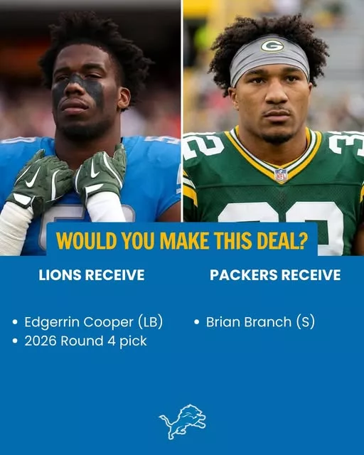 Cover Image for 🔥 LIONS NATION — SWAP OR STAY PUT? 🔥 The Detroit Lions are facing a tough call: trade away Brian Branch—a true defensive chess piece—for Edgerrin Cooper plus a 2026 fourth-round pick. You’re getting speed, range, and long-term upside… but giving up rare versatility—a player who can do everything on defense. This isn’t just a trade—it’s certainty vs potential. Do you take the risk to upgrade… or keep one of your most valuable weapons?